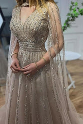 Gorgeous Champagne A-Line V-Neck Beaded Sequined Illusion Long Sleeves Floor-Length Tulle Evening Dresses